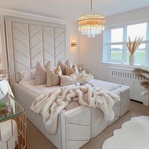 Cairo cream ivory plush velvet bed, offering an elegant and luxurious aesthetic for the bedroom.