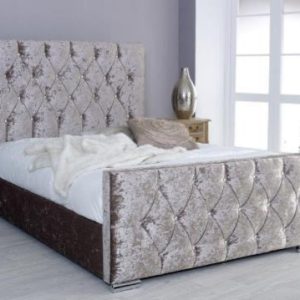 Mull crush velvet bed with soft fabric and elegant style.