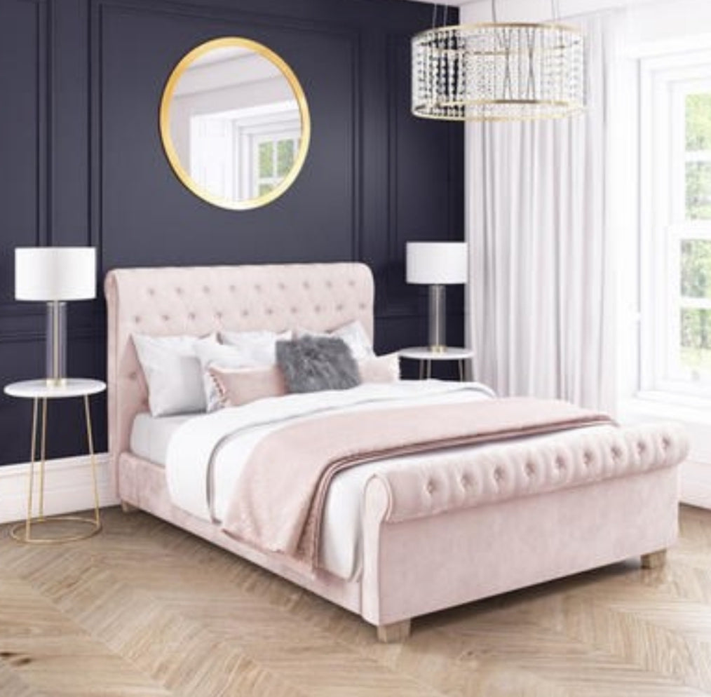 Safina Roll Top Pink Sleigh Bed Diamonte