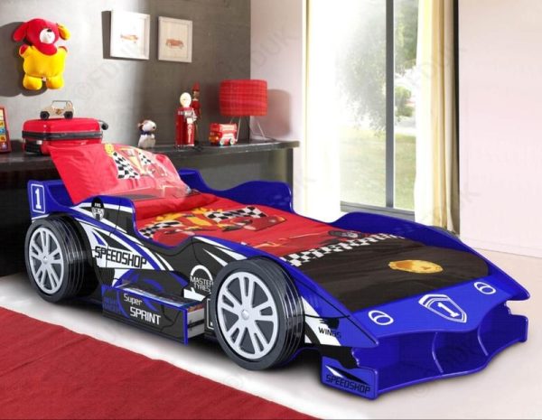 A blue speedshop supersprint childrens car bed
