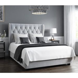 Safina grey roll-top sleigh bed, featuring a luxurious finish for elegant bedroom designs.