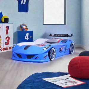 Blue thunder race car bed frame designed for children's rooms with a fun, realistic car design.