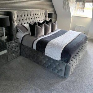 Sultan winged ambassador bed frame in plush velvet, designed for elegance and comfort with a grand and regal look.